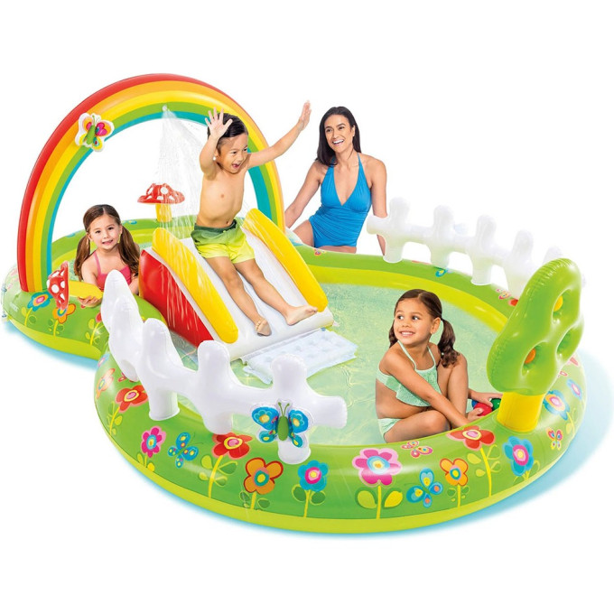 Игровой центр INTEX МОЦ СКЛАД 57154 290х180х104см с разбрызгивателем, горкой и игрушками, 450л, до 54кг, от 2 лет